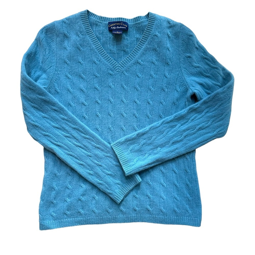 Charter Club Womens‎ Blue V-Neck Long Sleeve Cable Knit Cashmere Sweater Size S